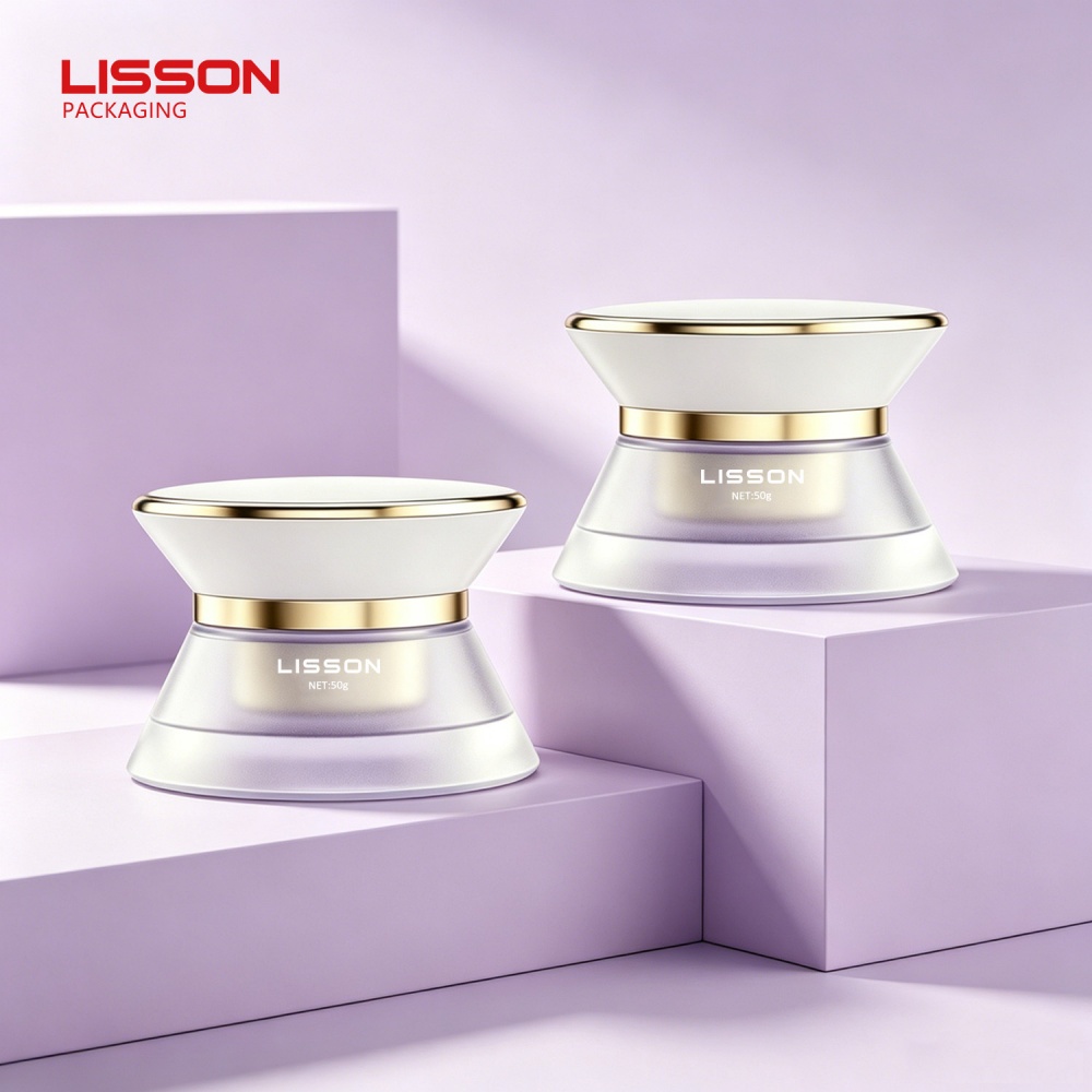 Tarros de cristal esmerilado de lujo con forma de reloj de arena y tapa blanca y dorada para cremas.